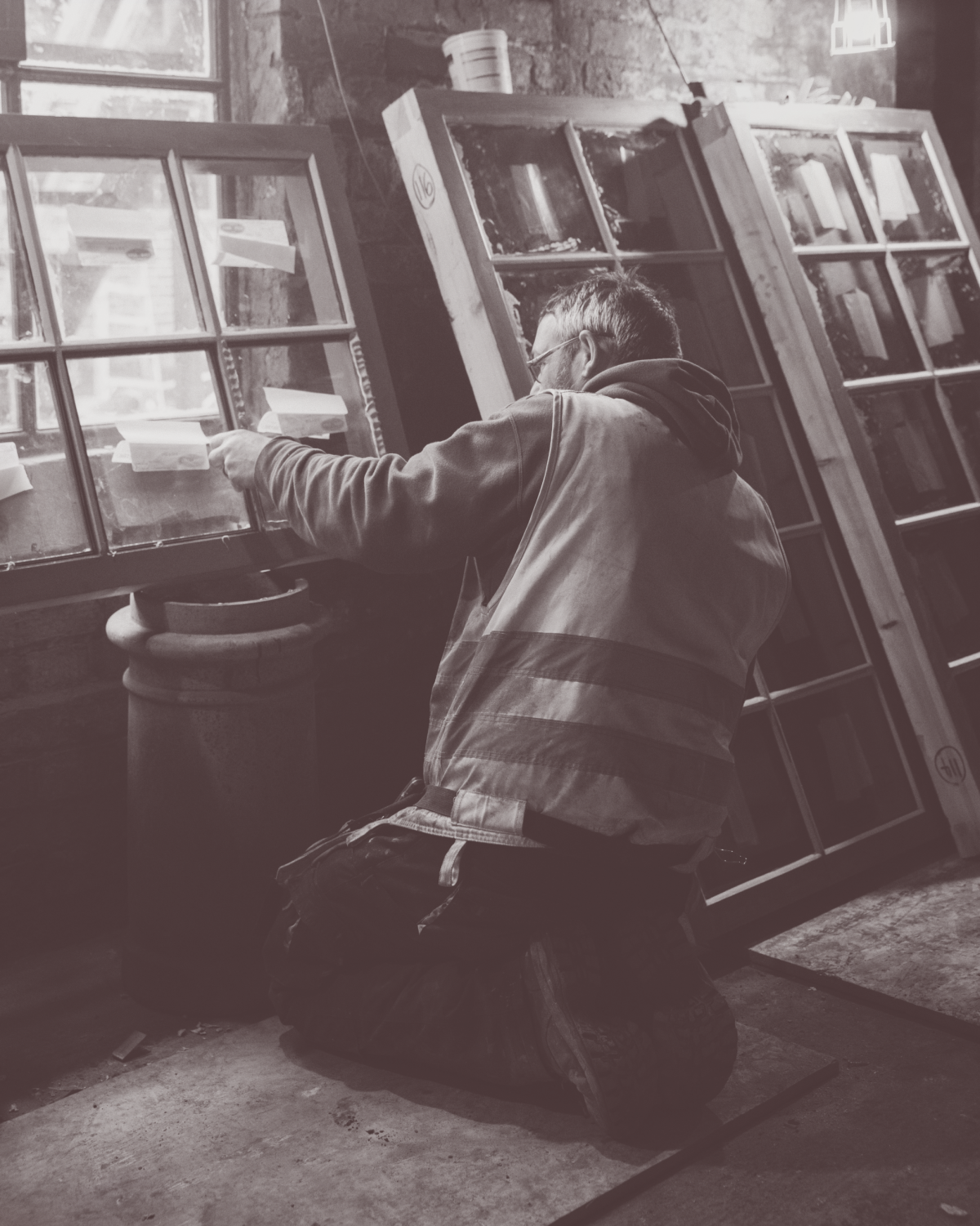 Sepia toned image of a man kneeling down and working on some wooden window frames